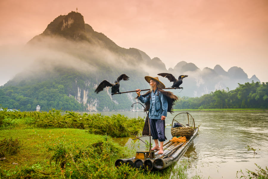 Pescador con dos aves