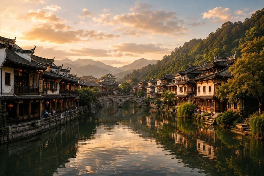 Pueblito de China con casas alrededor del canal Li
